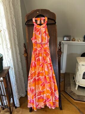 Abel the Label Anthropologie Rumi Maxi Dress Orange Pink open Back sz XS